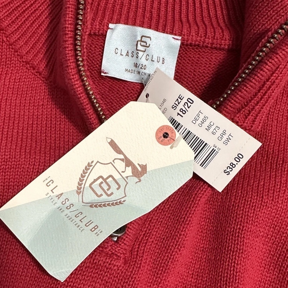 NWT Class Club Sweater Boys Youth Size 18/20 Red 1/4 Zip Pullover Mock Neck - Picture 6 of 8